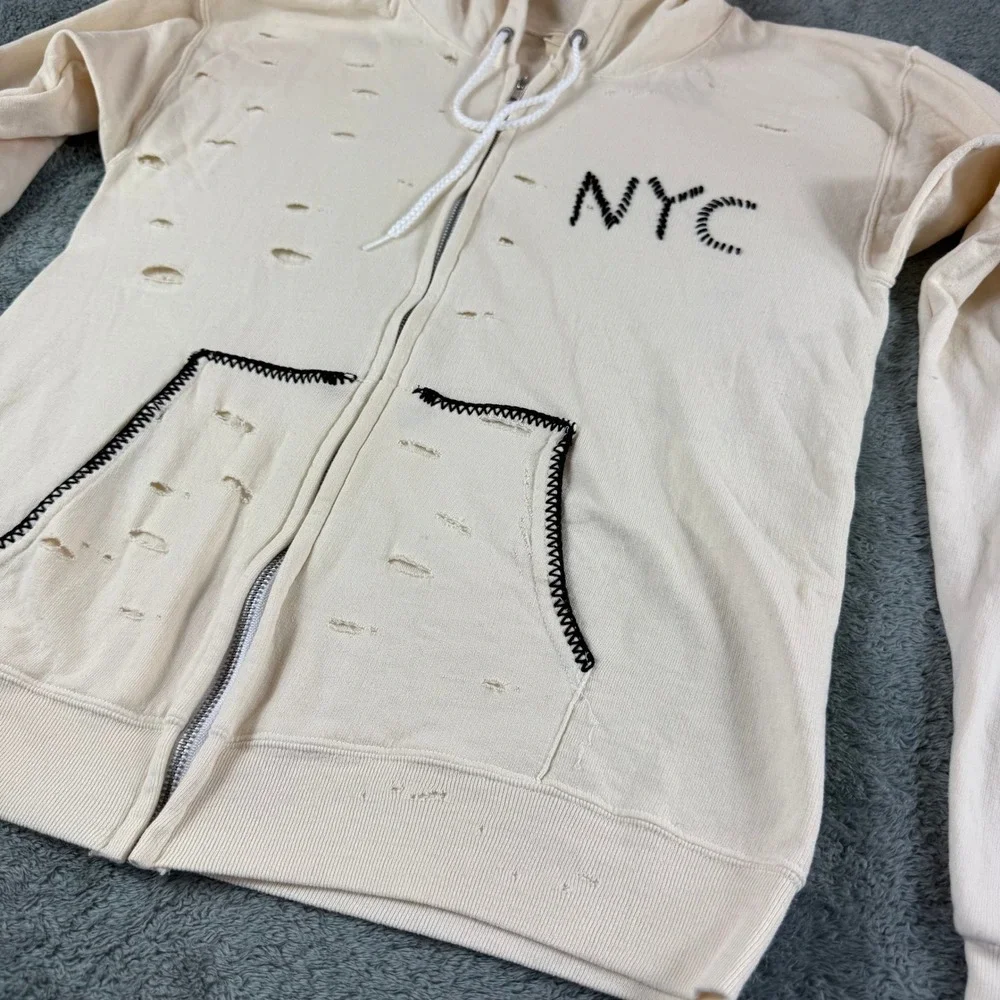 Free People x Tricia Fix Distressed NYC Hoodie Cream Repurposed Vintage XS‎ Zip